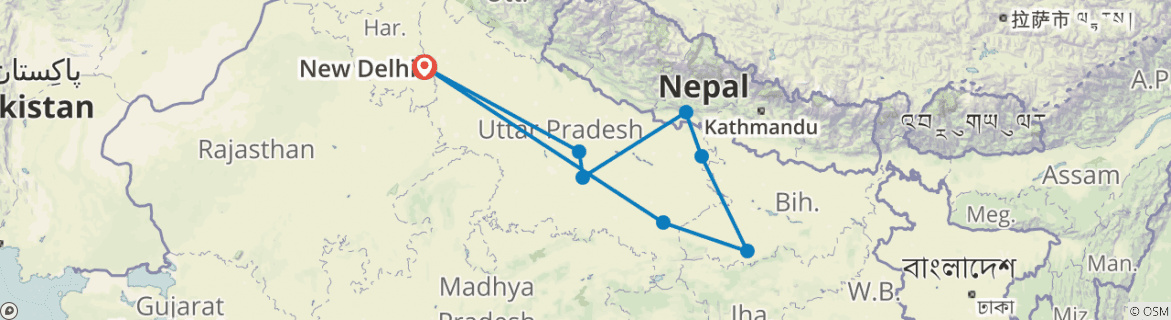Image of a map showing the route of the tour
