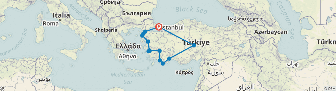 Image of a map showing the route of the tour