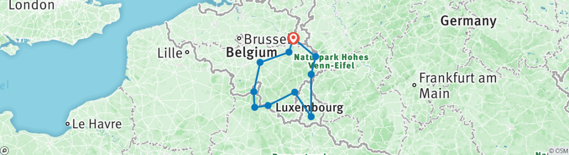 Image of a map showing the route of the tour