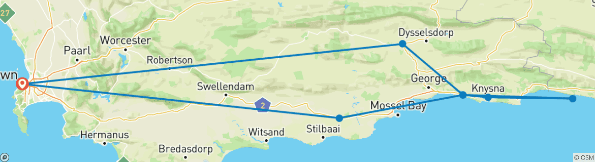 Carte du circuit 7 jours d'aventure au Cap et sur la Route des jardins