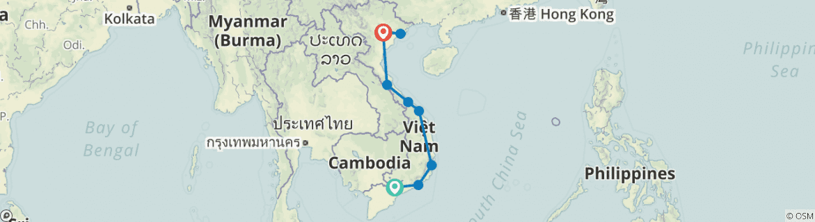 Image of a map showing the route of the tour