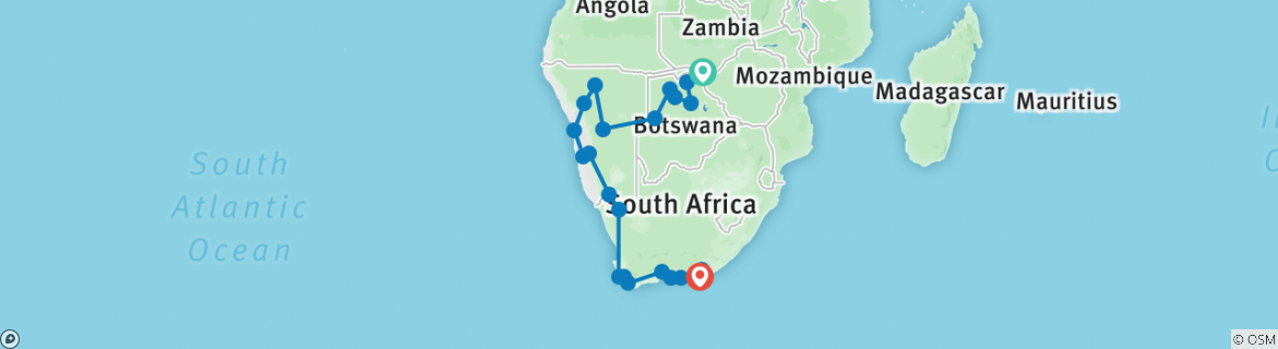 Image of a map showing the route of the tour