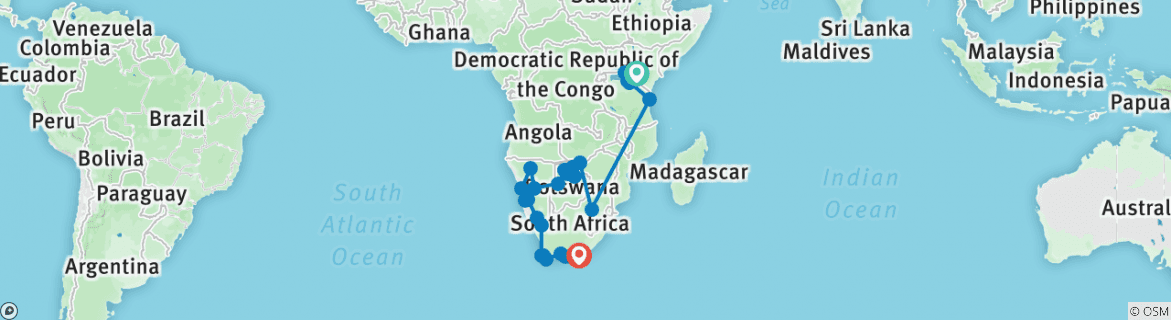 Image of a map showing the route of the tour