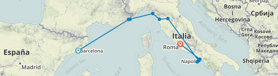 Image of a map showing the route of the tour