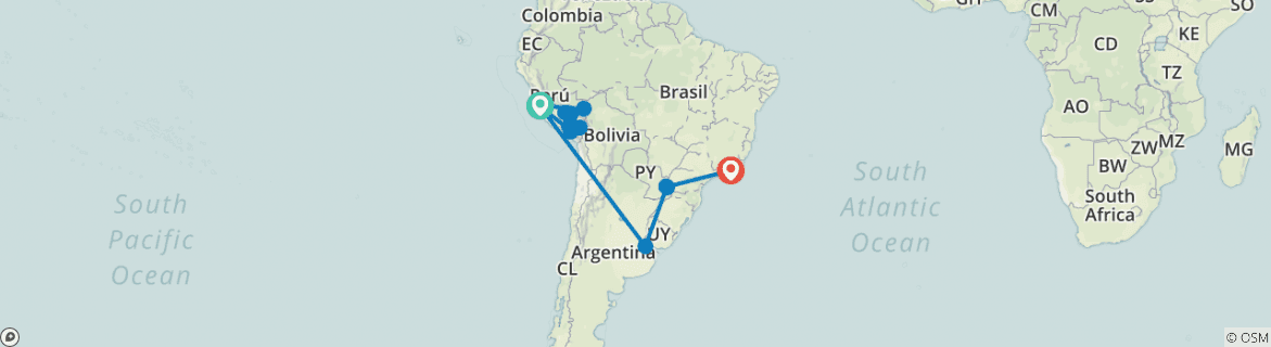 Image of a map showing the route of the tour