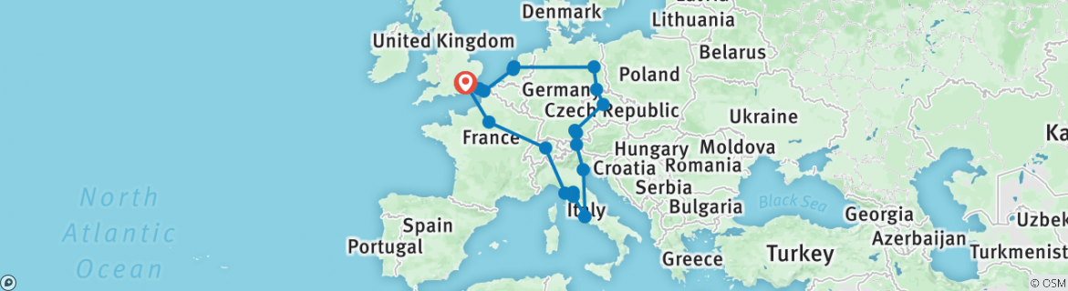 Image of a map showing the route of the tour
