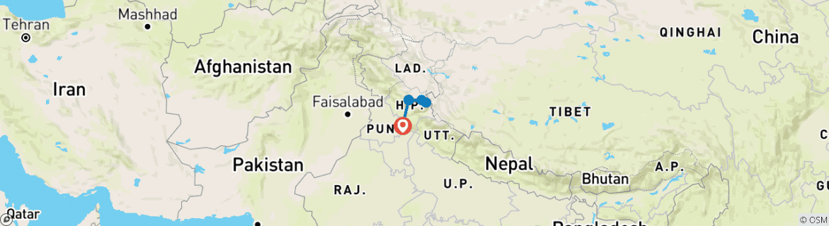 Image of a map showing the route of the tour
