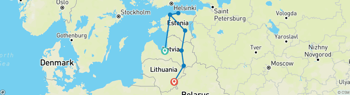 Image of a map showing the route of the tour