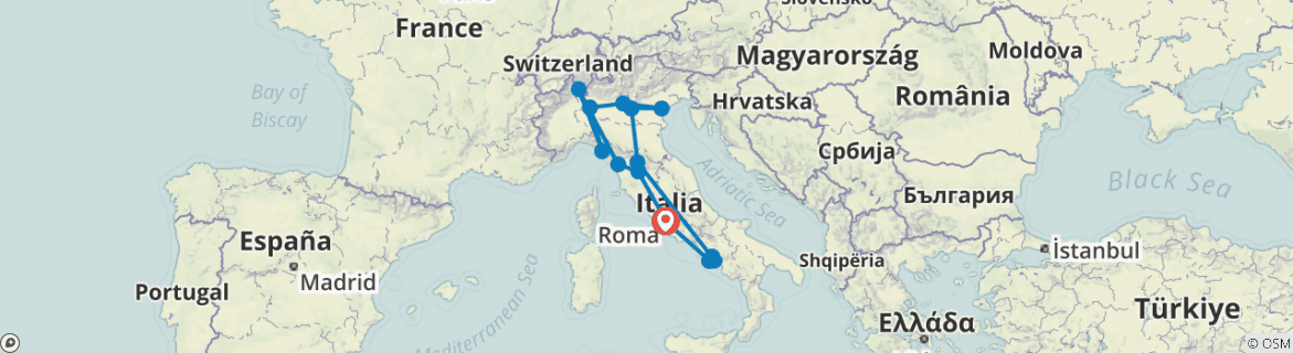 Image of a map showing the route of the tour