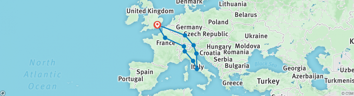 Image of a map showing the route of the tour