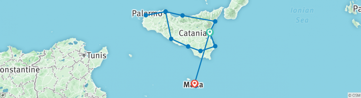 Image of a map showing the route of the tour