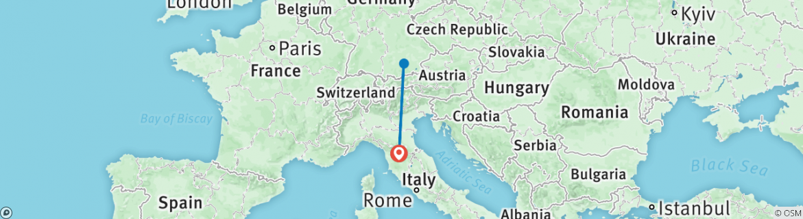 Image of a map showing the route of the tour