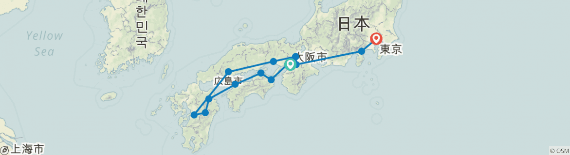 Image of a map showing the route of the tour