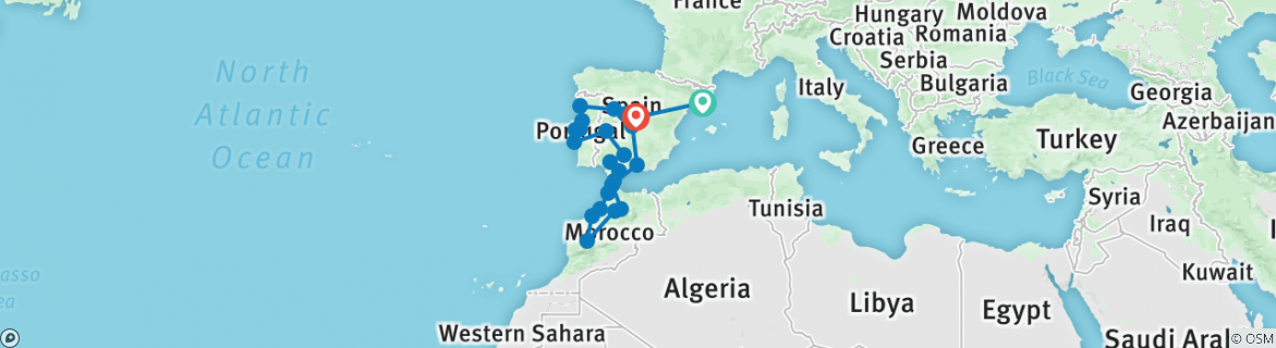 Image of a map showing the route of the tour