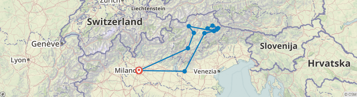 Image of a map showing the route of the tour