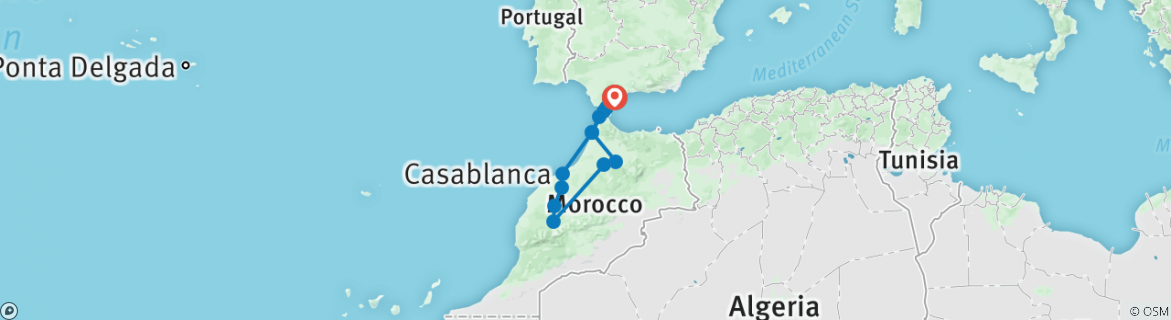 Image of a map showing the route of the tour