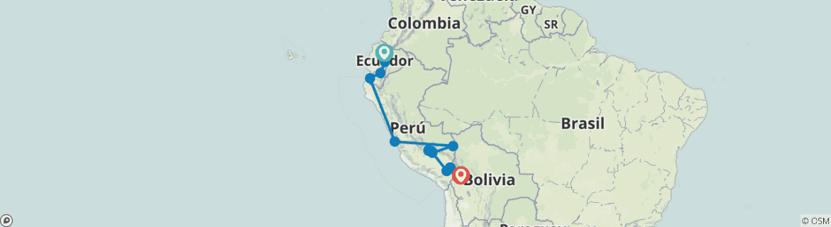 Image of a map showing the route of the tour
