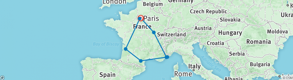 Image of a map showing the route of the tour
