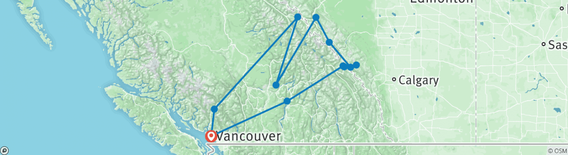 Image of a map showing the route of the tour