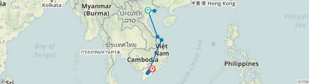 Image of a map showing the route of the tour
