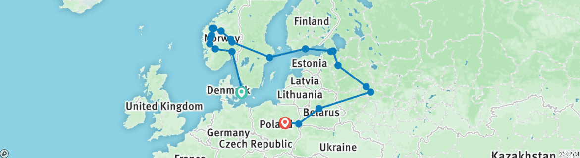 Image of a map showing the route of the tour