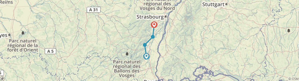 Image of a map showing the route of the tour