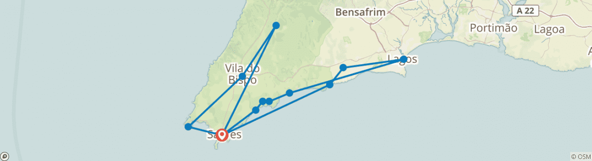 Image of a map showing the route of the tour