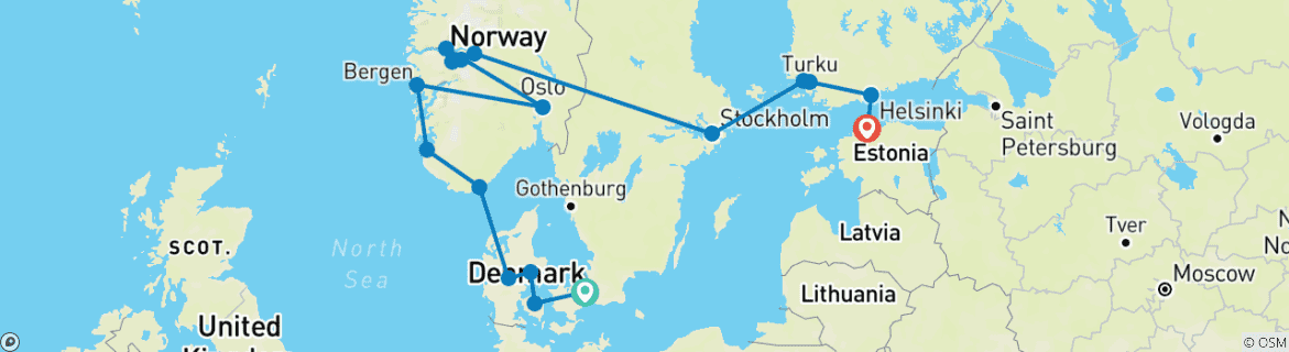 Image of a map showing the route of the tour
