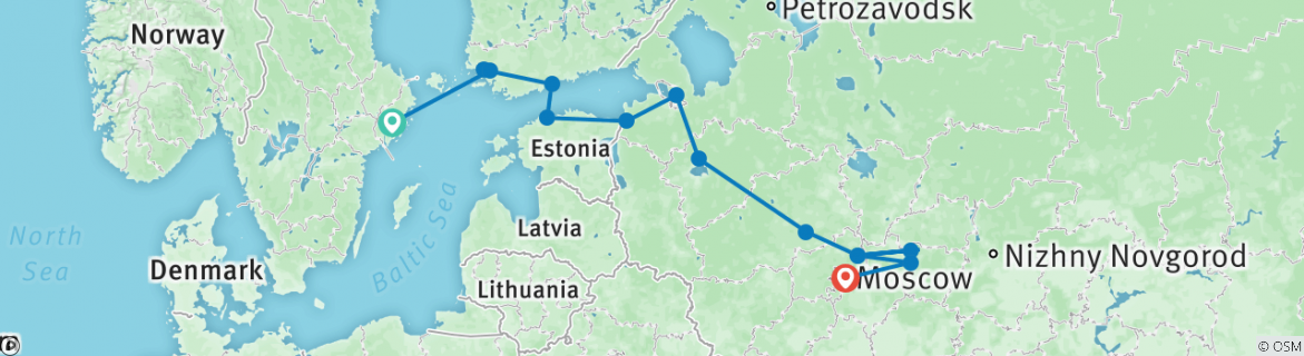 Image of a map showing the route of the tour
