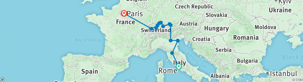 Image of a map showing the route of the tour