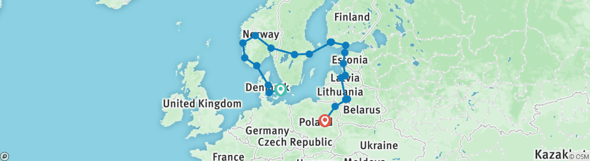 Image of a map showing the route of the tour