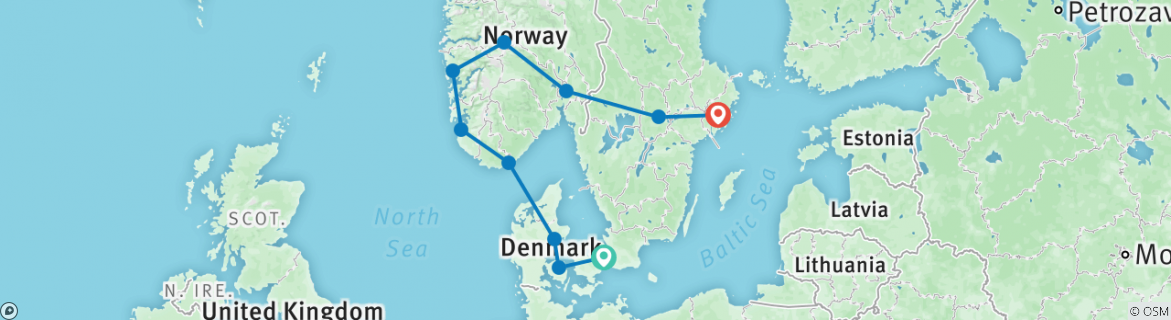 Image of a map showing the route of the tour