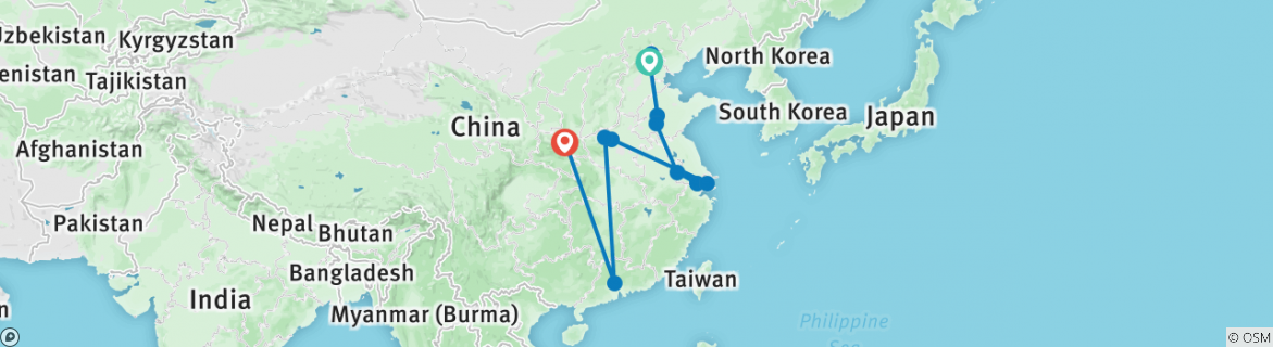 Image of a map showing the route of the tour