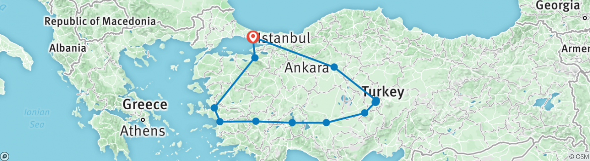 Image of a map showing the route of the tour