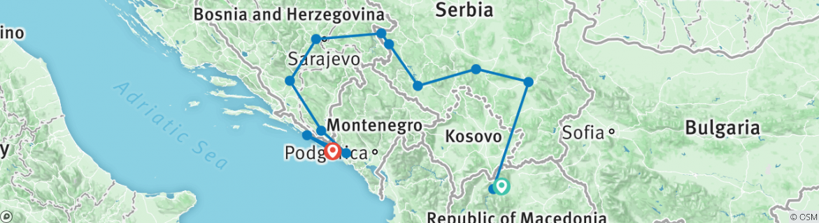 Image of a map showing the route of the tour