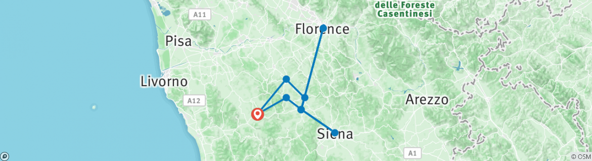 Image of a map showing the route of the tour