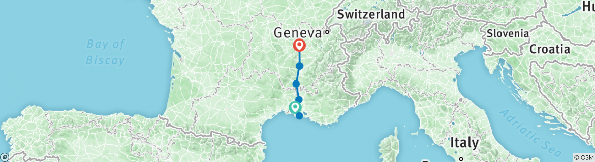 Image of a map showing the route of the tour