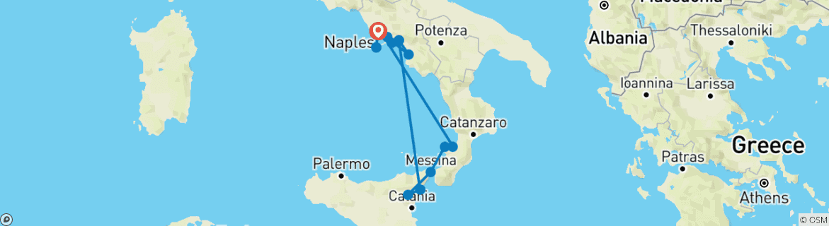 Image of a map showing the route of the tour