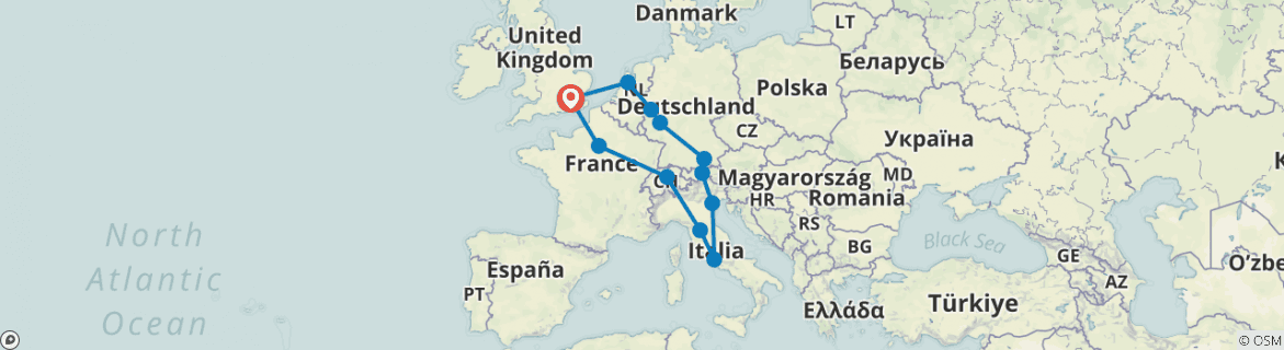 Image of a map showing the route of the tour