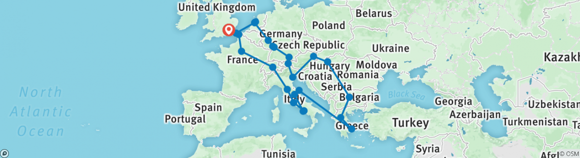 Image of a map showing the route of the tour