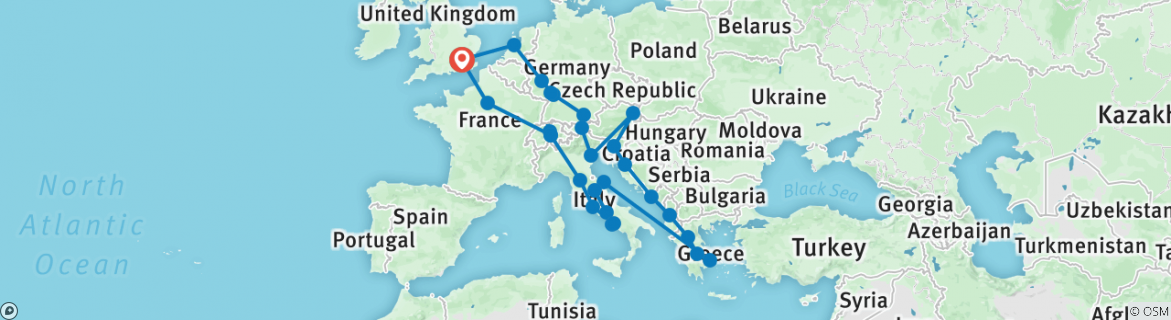 Image of a map showing the route of the tour