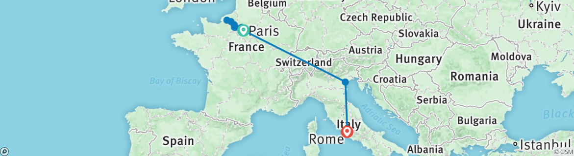 Image of a map showing the route of the tour