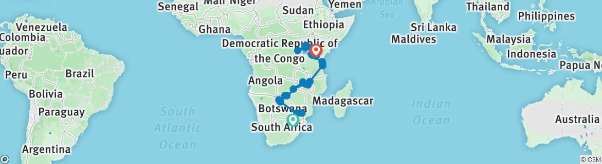 Image of a map showing the route of the tour