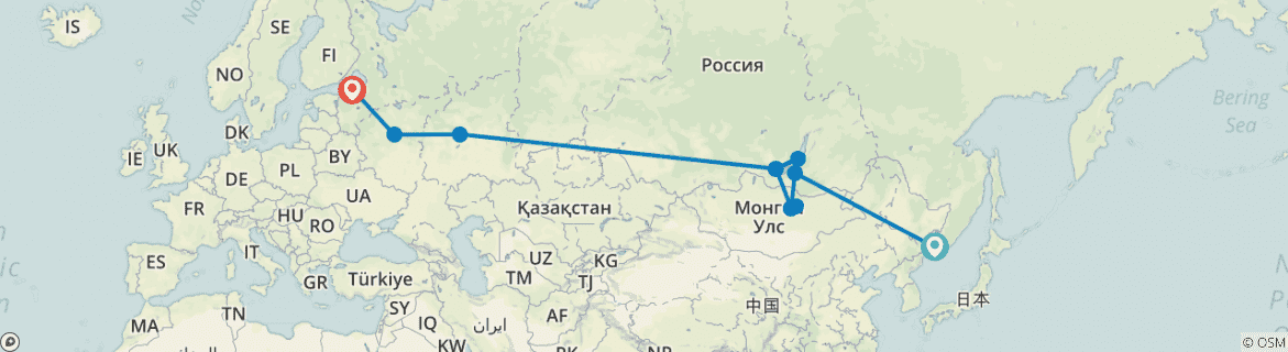 Image of a map showing the route of the tour