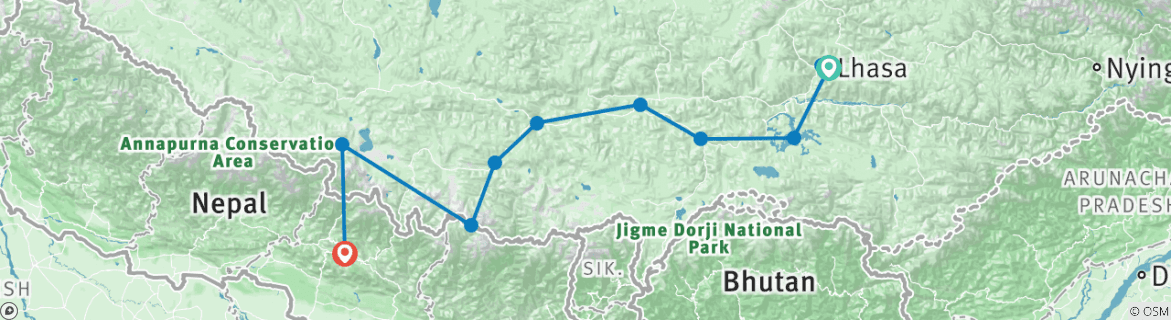 Image of a map showing the route of the tour