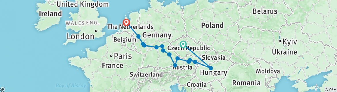 Image of a map showing the route of the tour