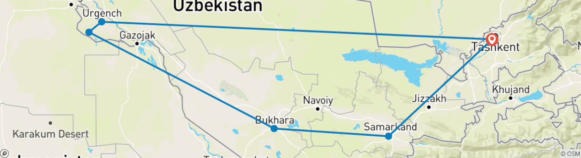 Image of a map showing the route of the tour