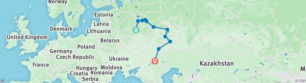 Image of a map showing the route of the tour