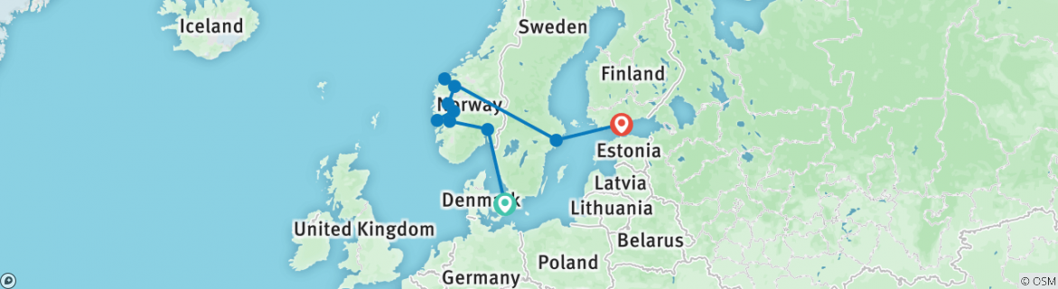 Image of a map showing the route of the tour