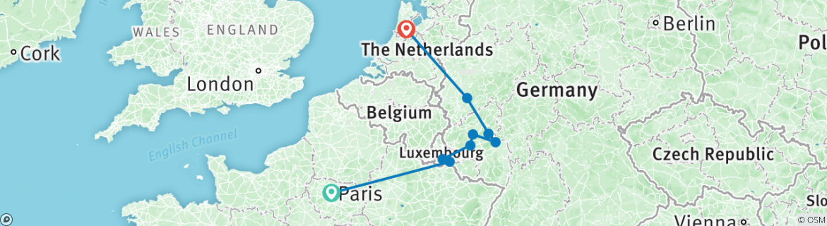 Image of a map showing the route of the tour